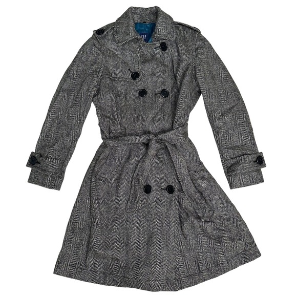 Gap vintage y2k trench coat herringbone wool belted double breasted medium prep - Picture 1 of 8